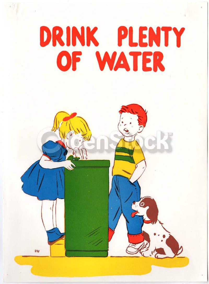 Little Boy Girl & Dog at School Vintage Hygiene Health Education Poster