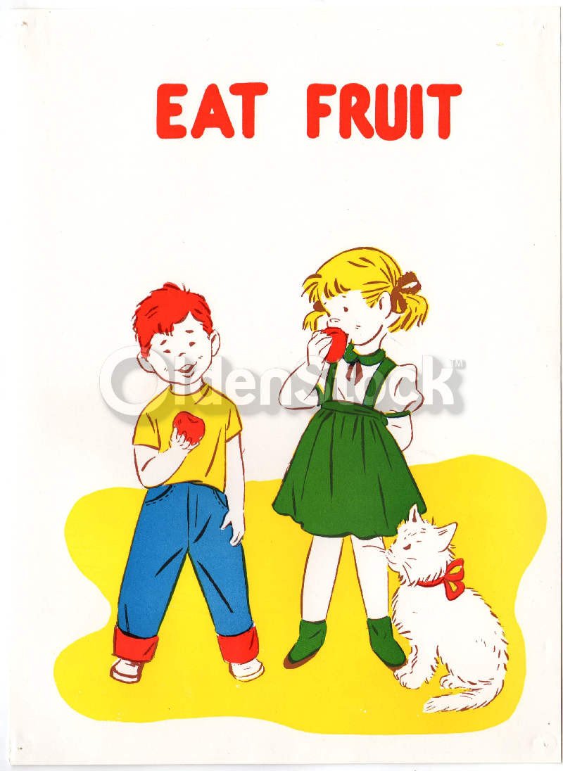 Little Boy & Girl Eating Apples Vintage Nutritional Health Education Poster