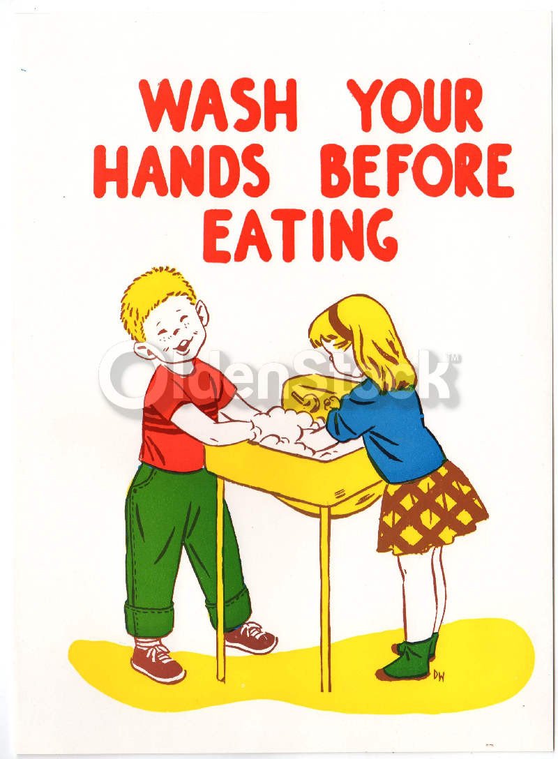 School Kids Washing up for Dinner Vintage Hygiene Health Education Poster