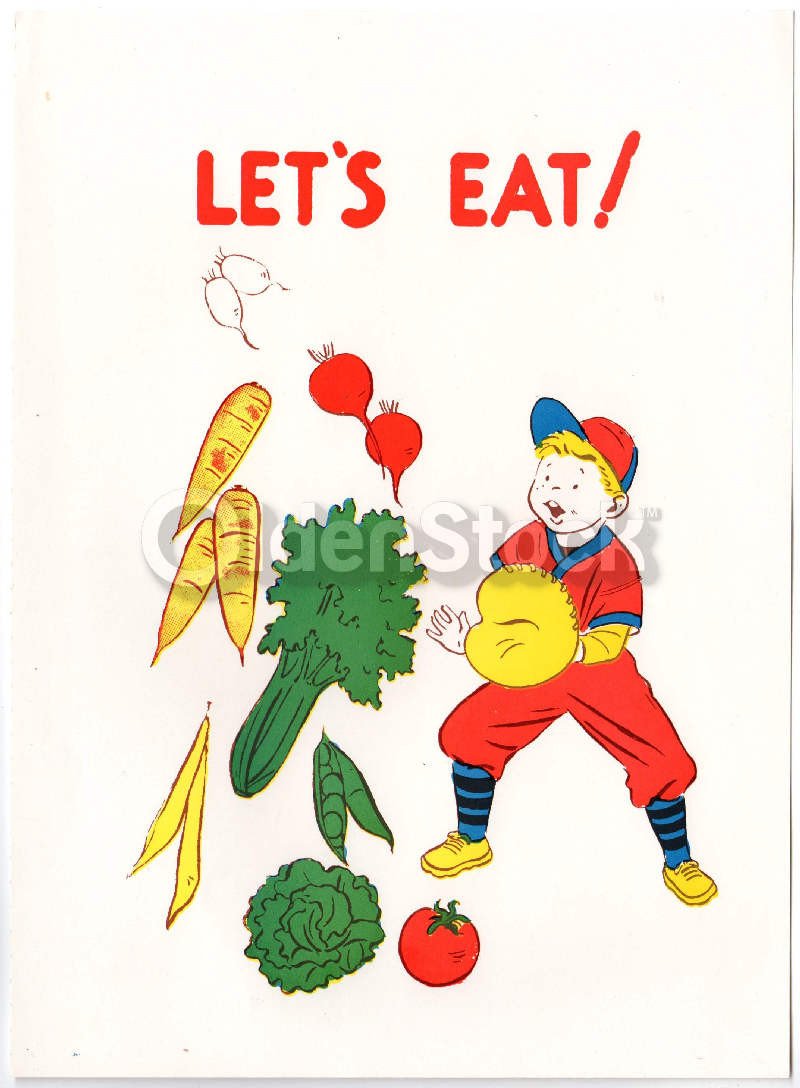 Boy Baseball Catcher & Vegetables Vintage Health Education Poster