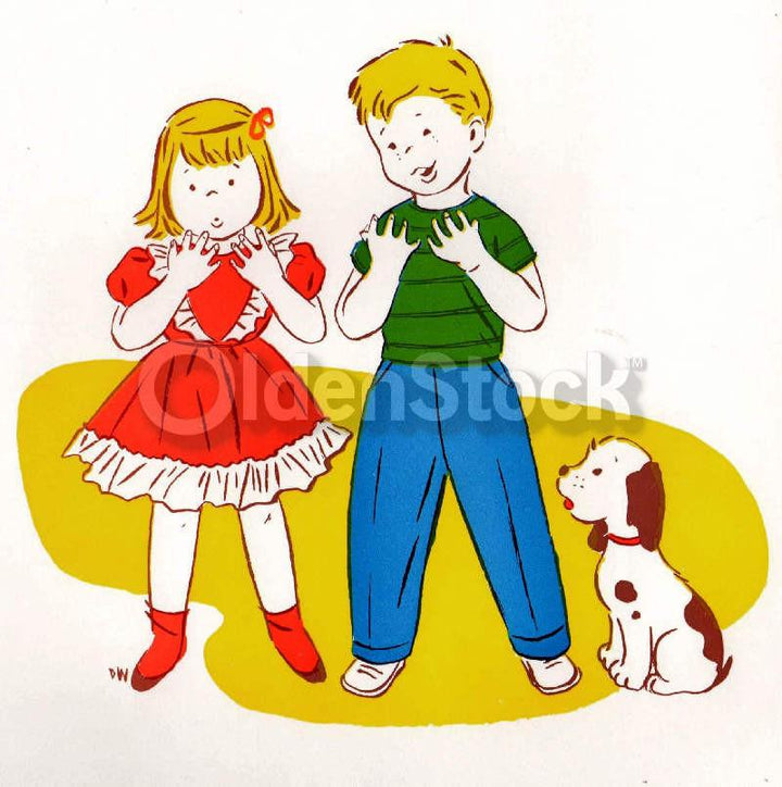 Cute Boy & Girl with Puppy Dog Vintage Hygiene Health Education Poster