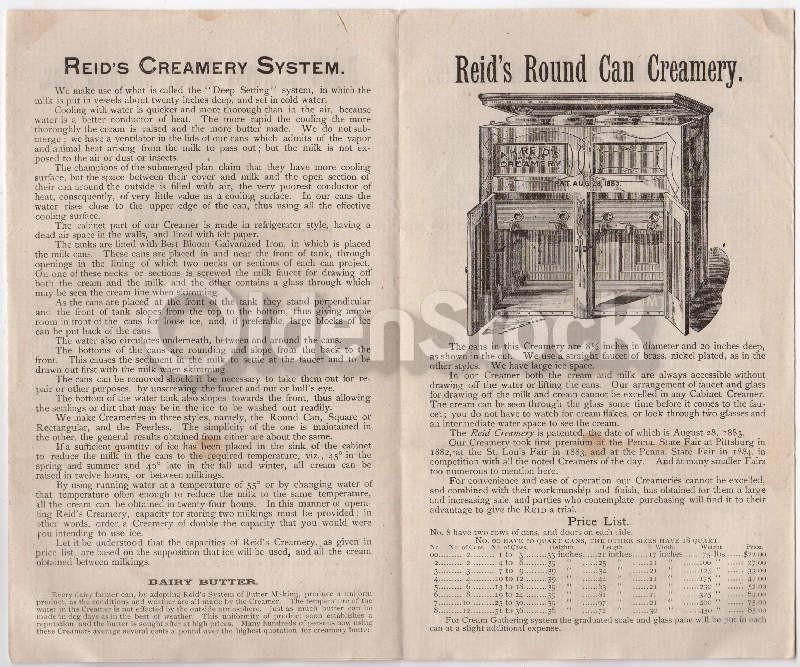 Reid's Creamery Dairy Equipment Antique Engraving Advertising Price List Poster