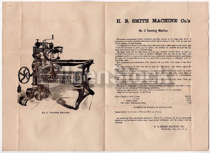 HB Smith Tenoning Table Saw NY Antique Engraving Advertising Broadside Poster