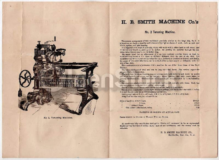 HB Smith Tenoning Table Saw NY Antique Engraving Advertising Broadside Poster