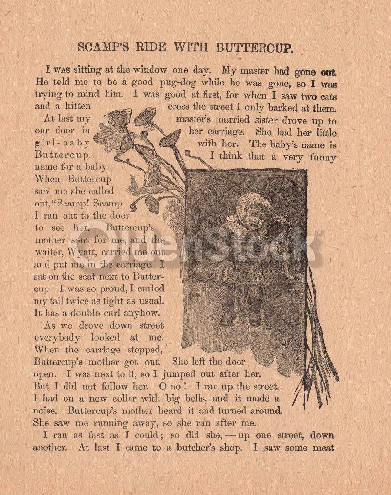 Scamps Ride with Buttercup Cute Dog Poem Antique Graphic Illustration Print 1902