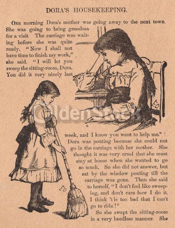 Cute Little Girl Lamenting Chores Poem Antique Graphic Illustration Print 1902