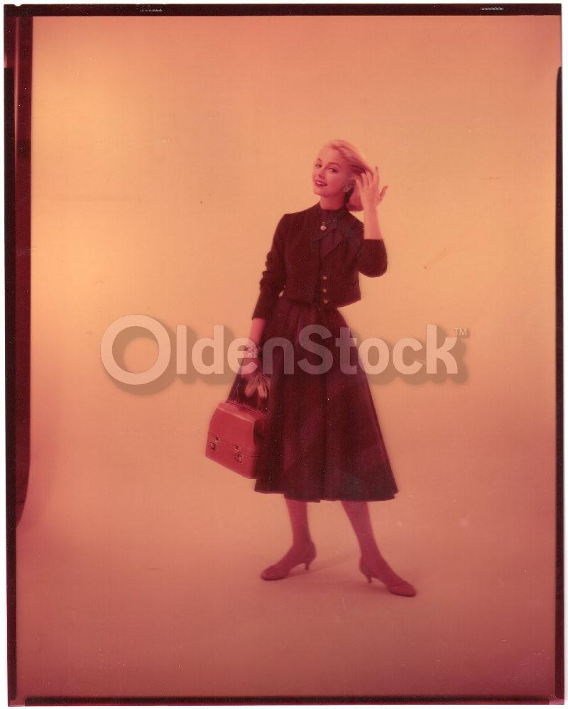 Young Blonde Woman in Tweed Jacket & Skirt Vintage 60s Fashion Photo Negative