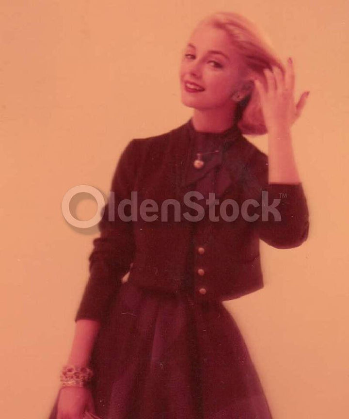 Young Blonde Woman in Tweed Jacket & Skirt Vintage 60s Fashion Photo Negative