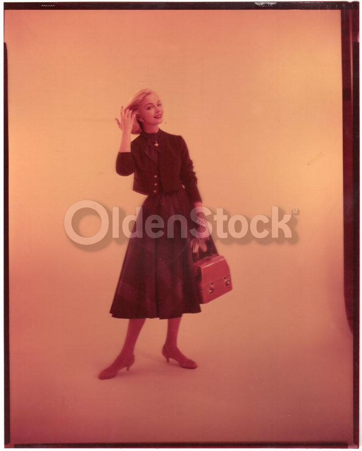 Young Blonde Woman in Tweed Jacket & Skirt Vintage 60s Fashion Photo Negative