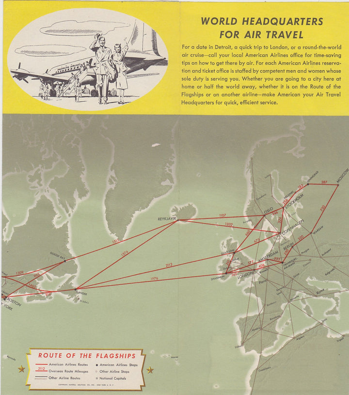 American Airlines Vintage Graphic Advertising Flight System Map Travel Brochure