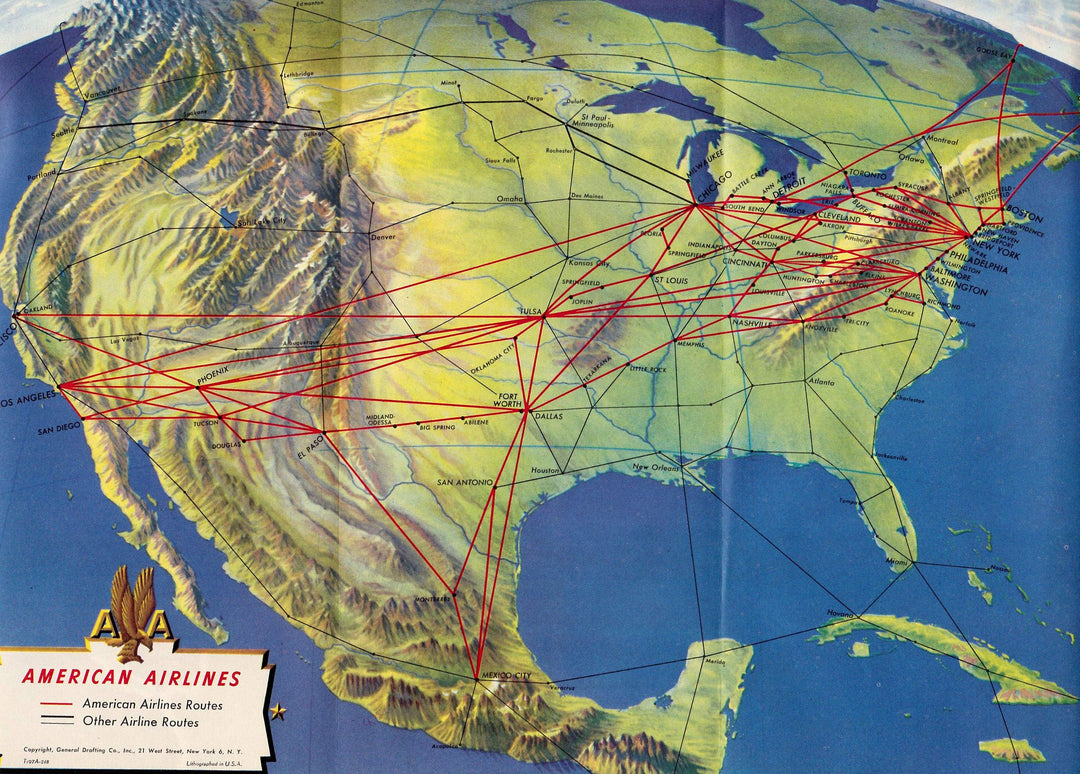 American Airlines Vintage Graphic Advertising Flight System Map Travel Brochure