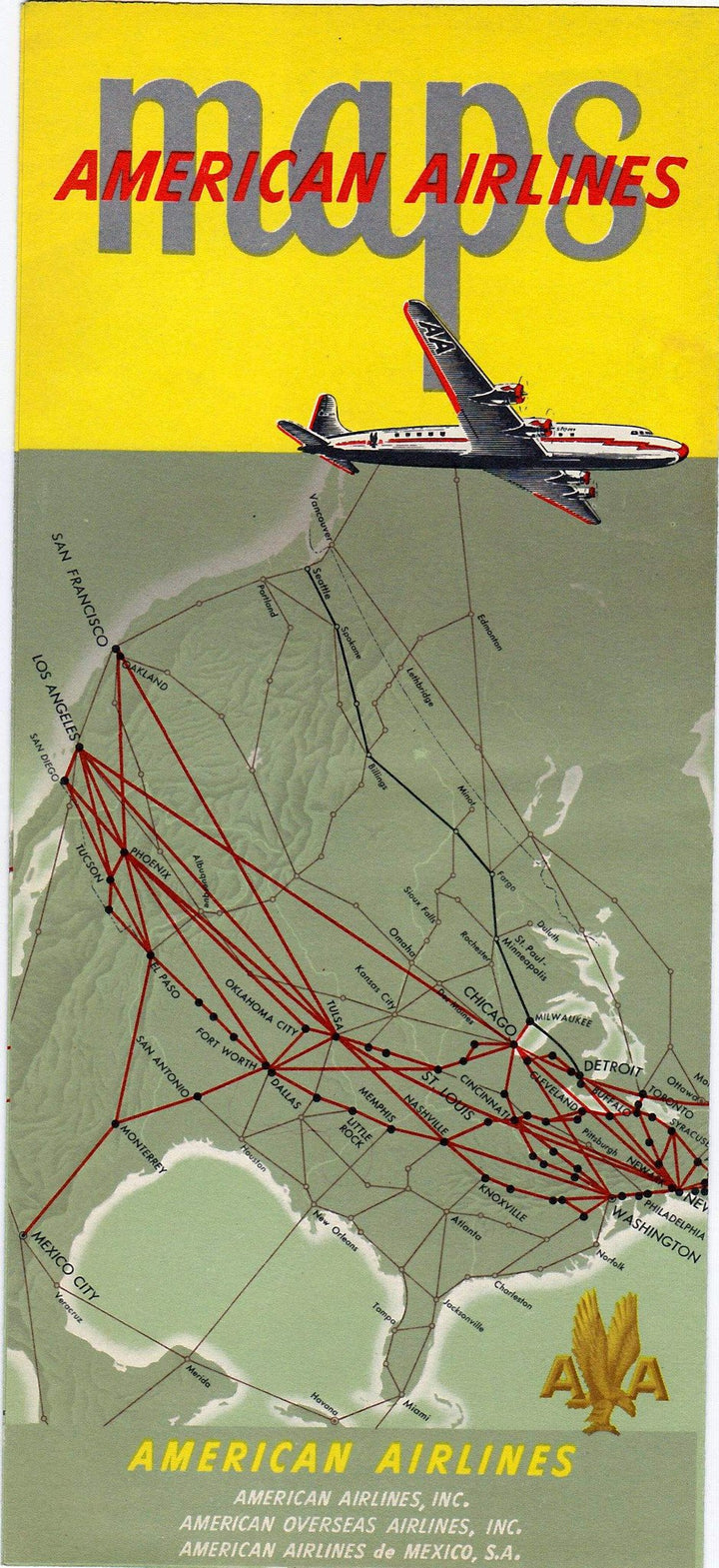 American Airlines Vintage Graphic Advertising Flight System Map Travel Brochure