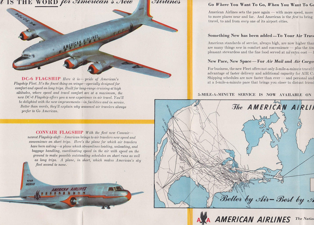 American Airlines Convair & DC-6 Planes Vintage System Map Travel Brochure Poster