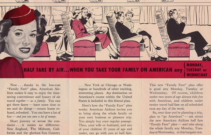 American Airlines Stewardess Vintage Graphic Advertising Family Fare Travel Brochure