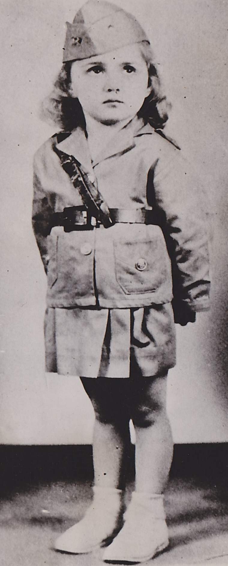 Cute Little Girl in Military Uniform Skirt & Hat Antique News Press Photo