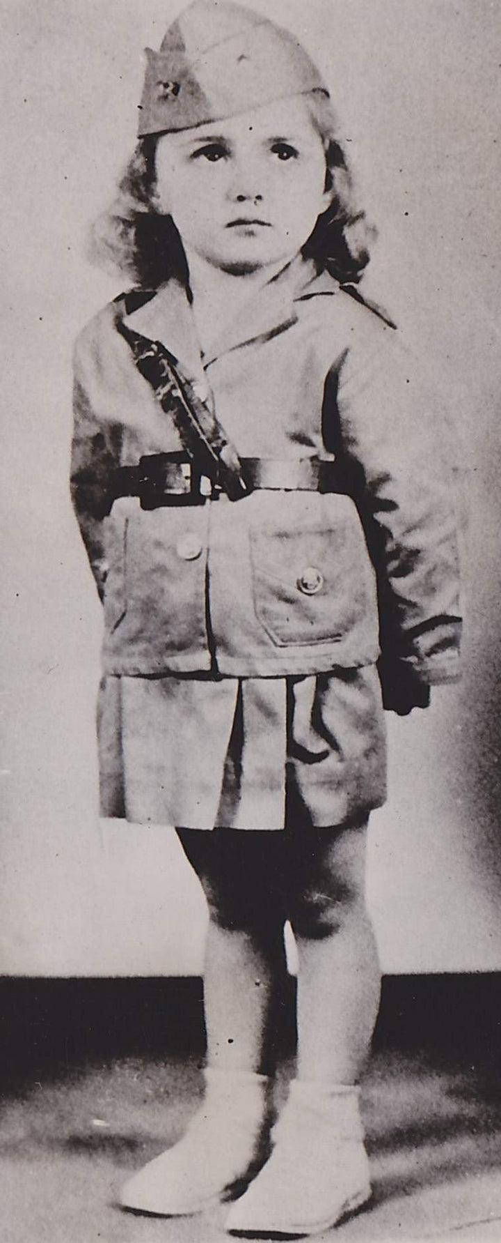 Cute Little Girl in Military Uniform Skirt & Hat Antique News Press Photo