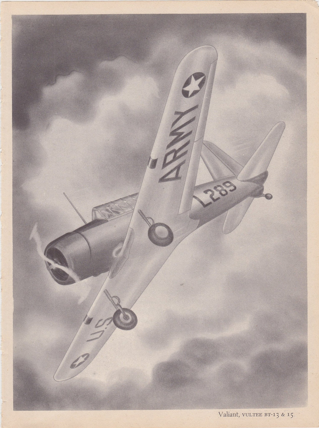 Vultee BT-13 Valiant Fighter Plane Military Aircraft Vintage WWII Illustration Print 1944