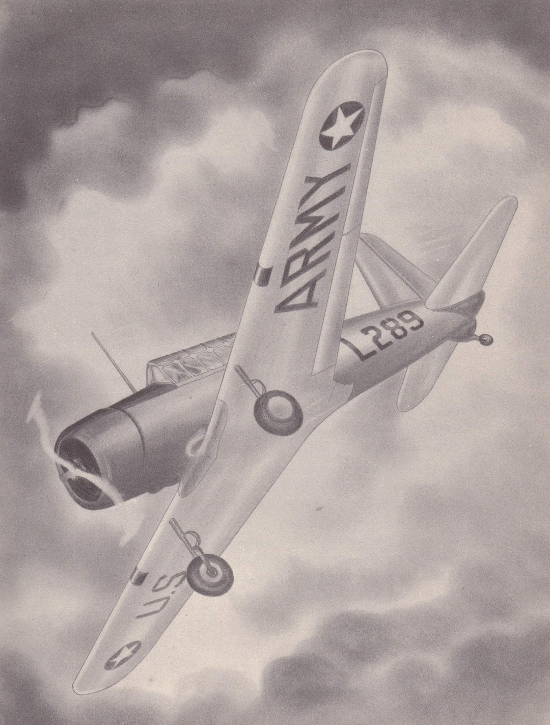 Vultee BT-13 Valiant Fighter Plane Military Aircraft Vintage WWII Illustration Print 1944