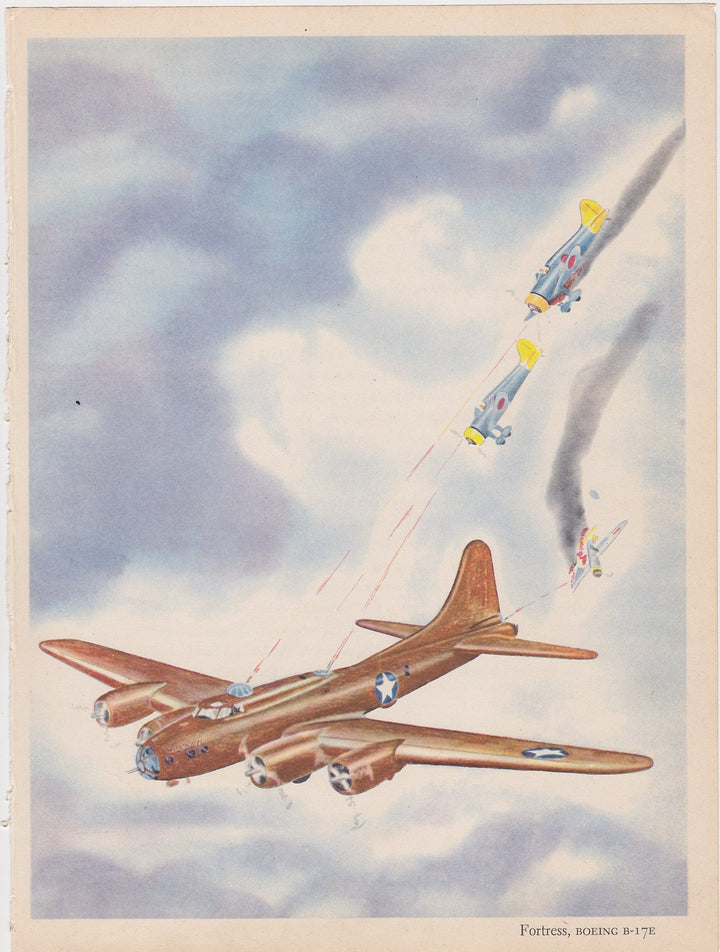 Boeing B17 Flying Fortress Bomber Plane Military Aircraft Vintage WWII Illustration Print 1944
