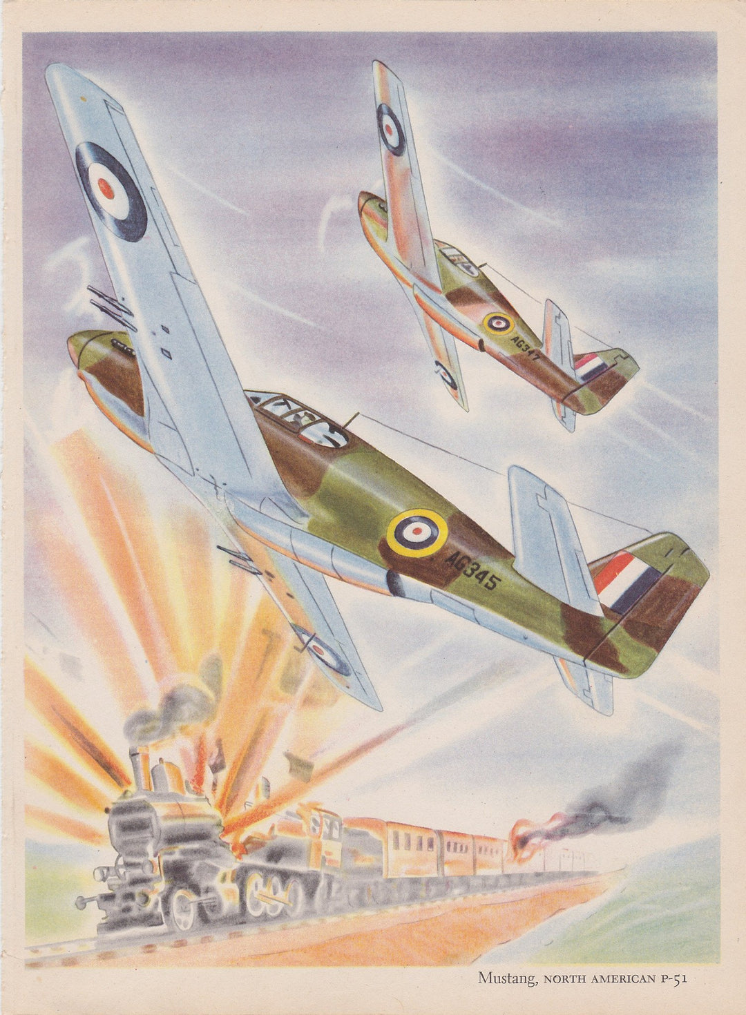 North American P-51 Mustang Fighter Plane Vintage WWII Military Aircraft Illustration Print 1944
