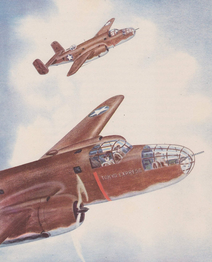 North American Mitchell B-25D Bomber Plane Vintage WWII Military Aircraft Illustration Print 1944