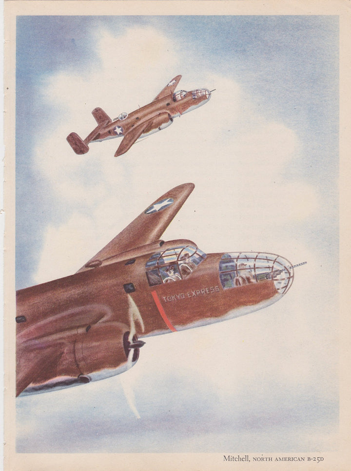 North American Mitchell B-25D Bomber Plane Vintage WWII Military Aircraft Illustration Print 1944