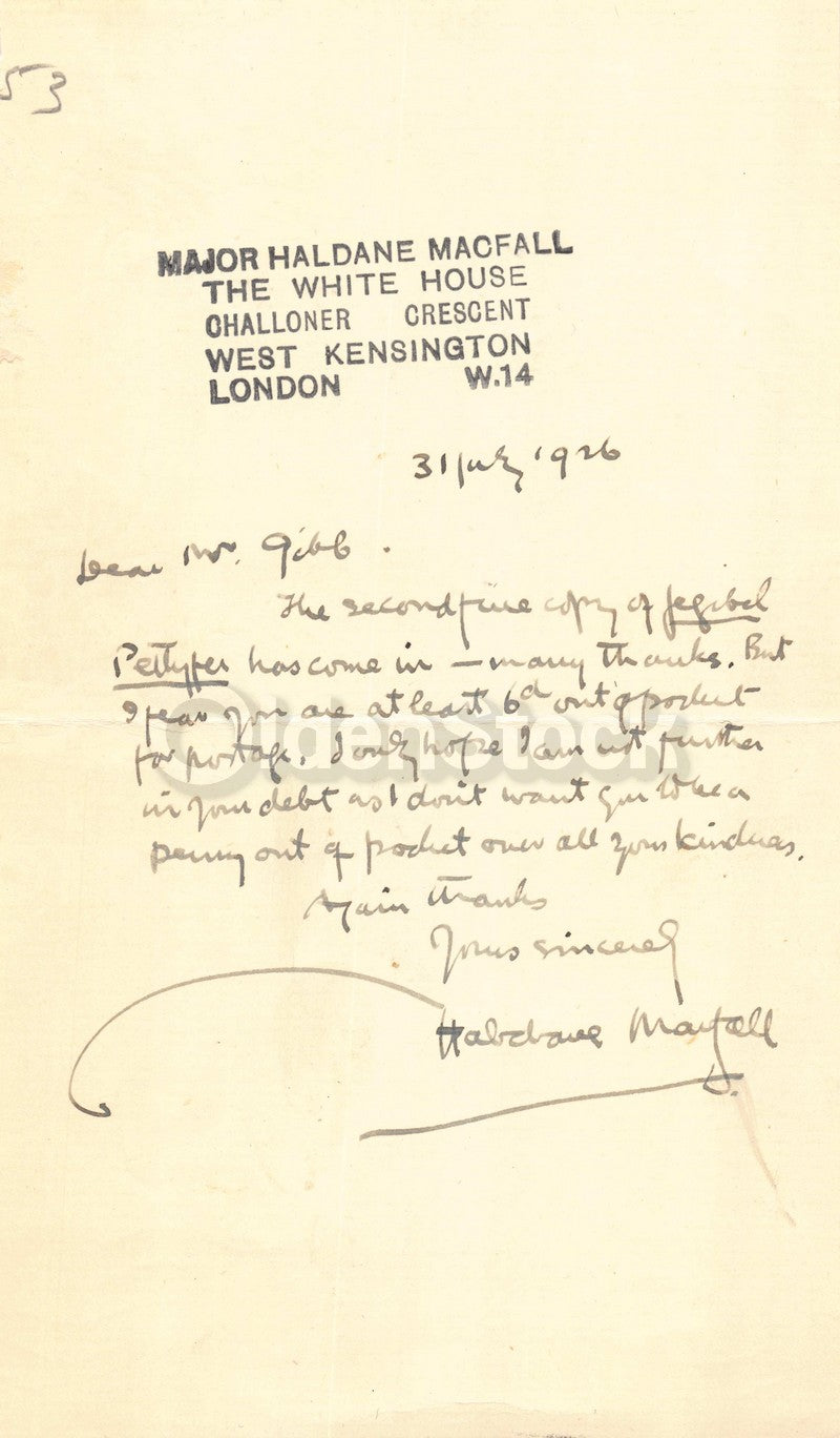 Major Haldane Macfall British Military Officer Art Critic Autograph Signed Note 1926