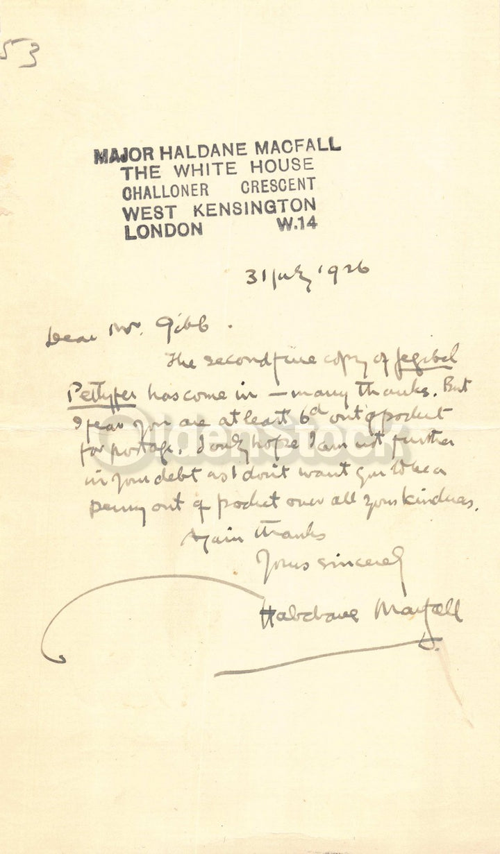 Major Haldane Macfall British Military Officer Art Critic Autograph Signed Note 1926