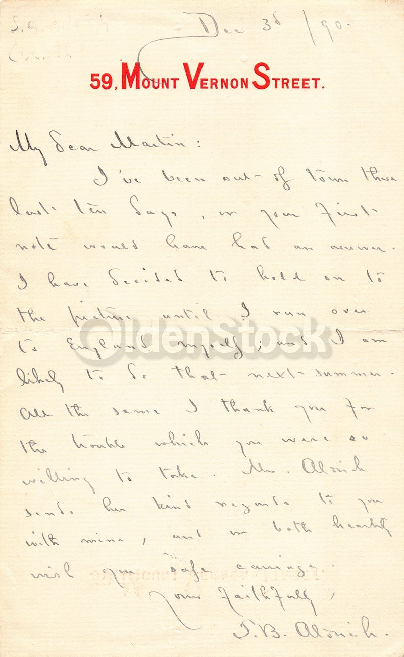 Thomas Bailey Aldrich Atlantic Monthly Editor Autograph Signed Letter