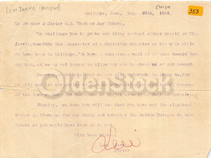 Levi Jarvis Ringgold County Iowa Pioneer Methodist Minister Autograph Signed Letter 1889