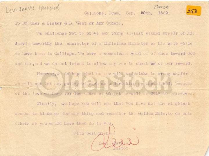 Levi Jarvis Ringgold County Iowa Pioneer Methodist Minister Autograph Signed Letter 1889