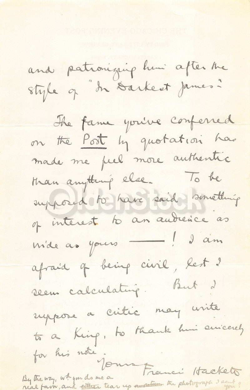 Francis Hackett Chicago Evening Post Autograph Signed Henry James Letter