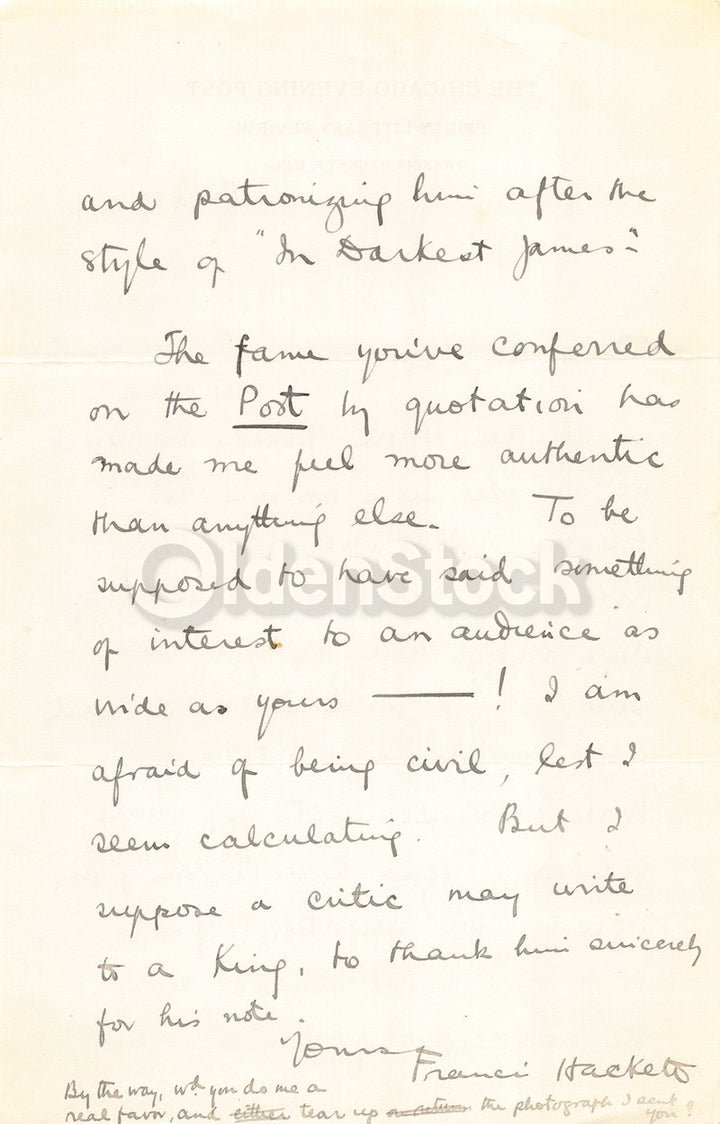 Francis Hackett Chicago Evening Post Autograph Signed Henry James Letter