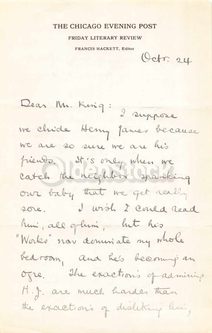Francis Hackett Chicago Evening Post Autograph Signed Henry James Letter