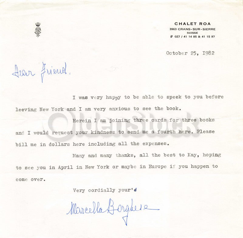 Princess Marcella Borghese Makeup Cosmetics Icon Autograph Signed Letter 1982