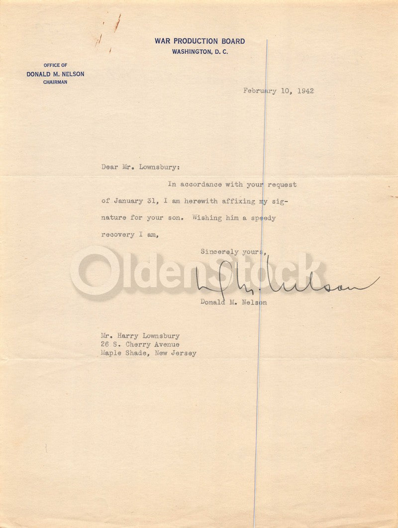 Donald Nelson WWII Production Board Sears Roebuck Autograph Signed Letter 1942