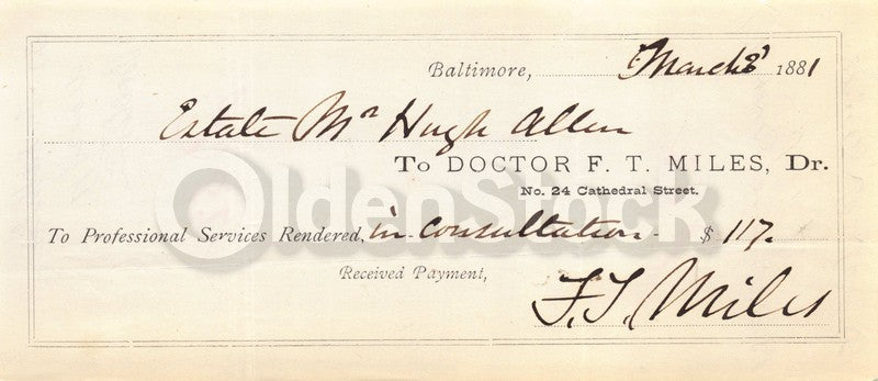 Dr. F.T. Miles Baltimore Disease Professor Antique Autograph Signed Bank Check
