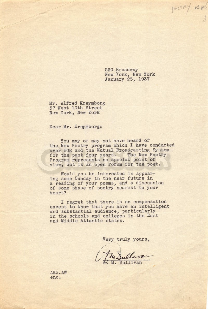 Aloysius Michael Sullivan Poetry Radio Pioneer Autograph Signed Letter 1937