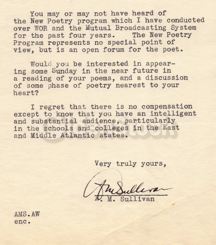 Aloysius Michael Sullivan Poetry Radio Pioneer Autograph Signed Letter 1937