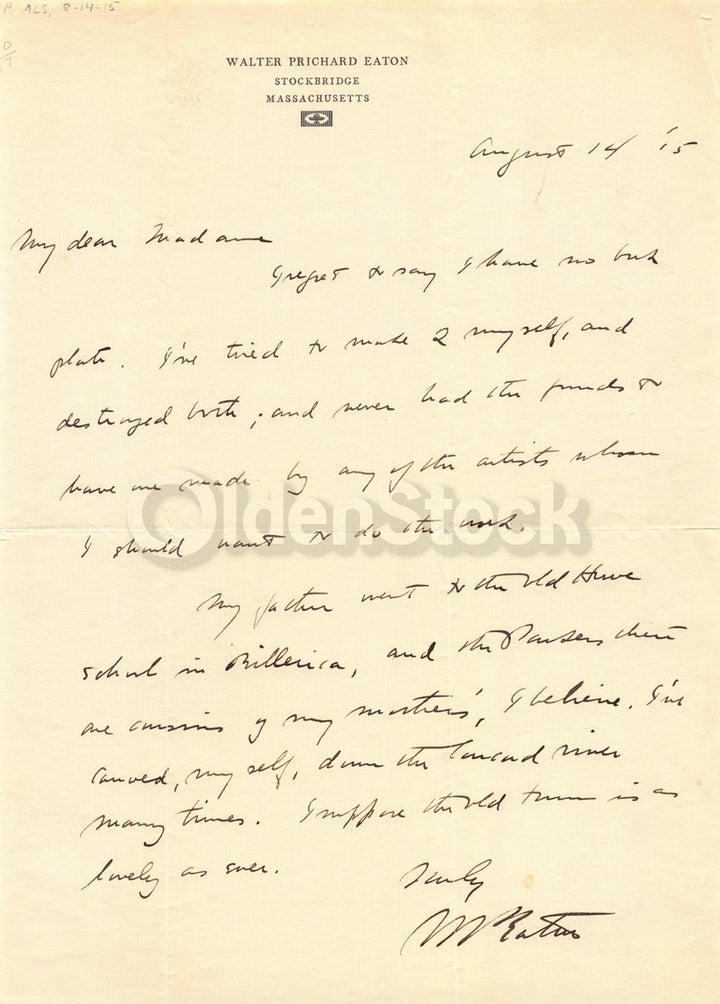 Walter Prichard Eaton Harvard Yale Author Critic Autograph Signed Letter 1915
