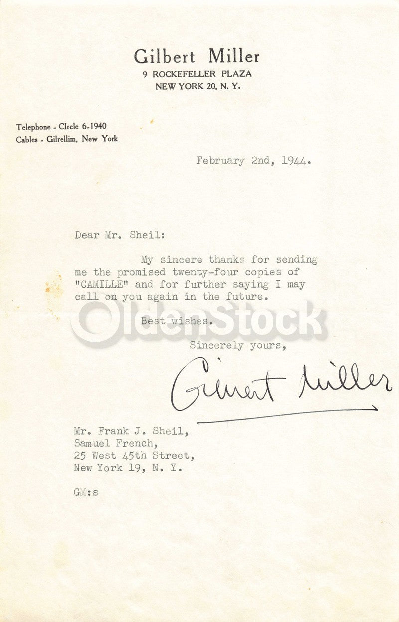 Gilbert Miller Cocktail Party Theatre Producer Autograph Signed Letter 1944