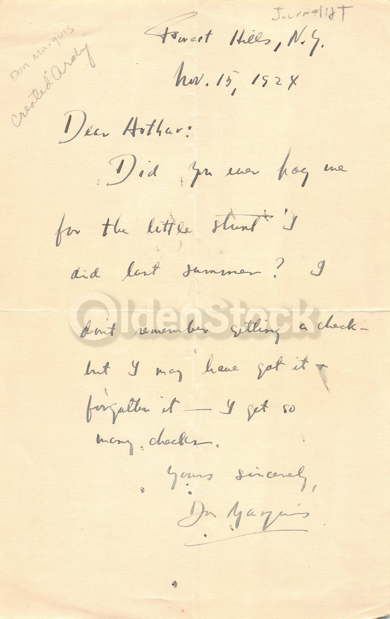 Don Marquis Humorist Journalist Antique Autograph Signed Letter 1924