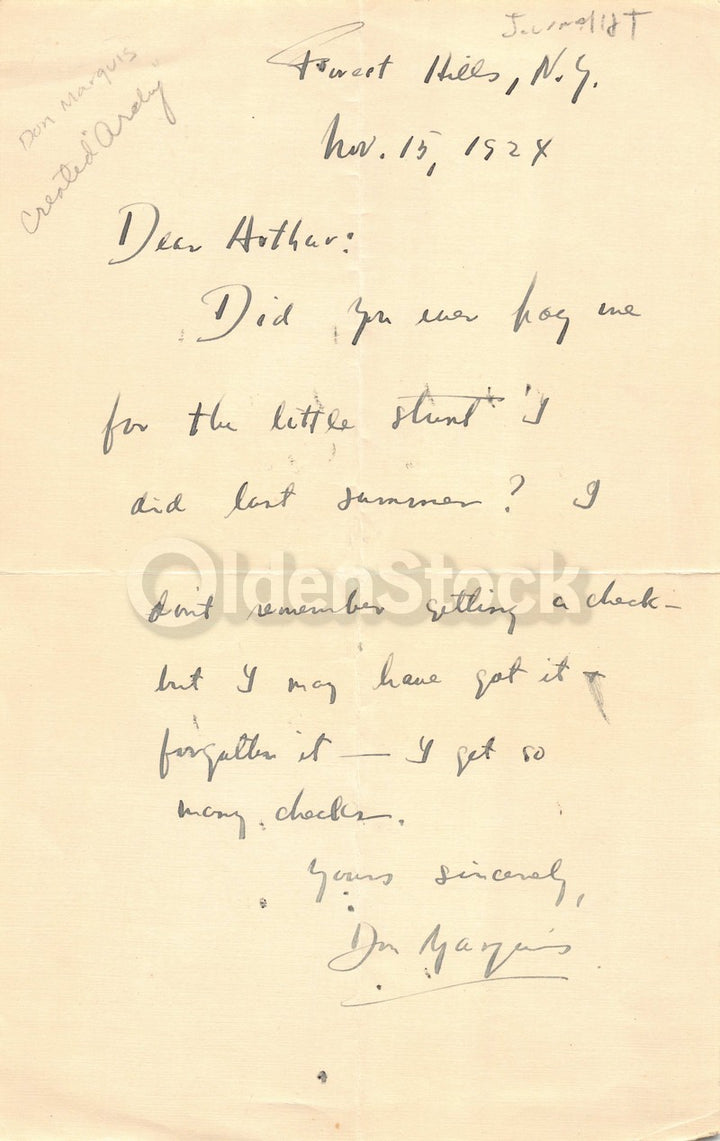 Don Marquis Humorist Journalist Antique Autograph Signed Letter 1924