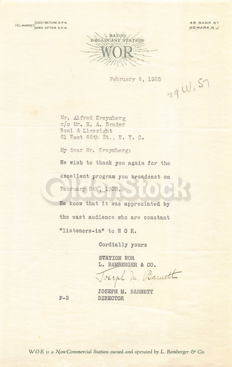 Joseph Barnett WOR Radio Host and Singer Autograph Signed Letter 1925