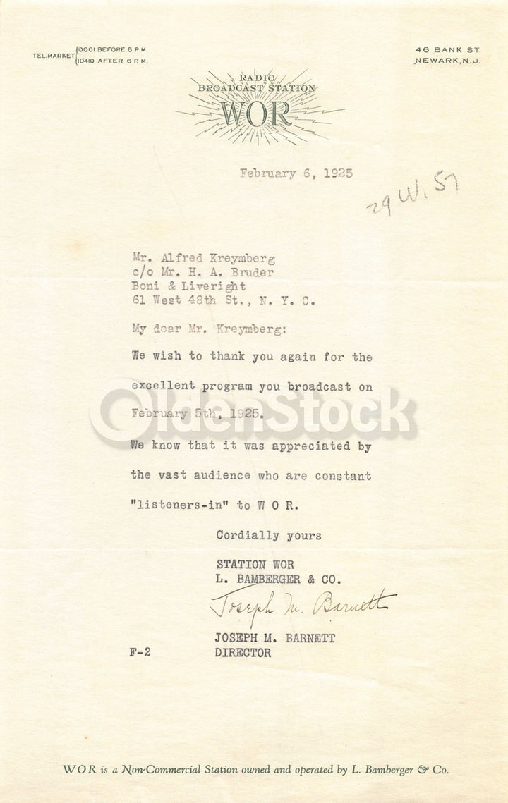 Joseph Barnett WOR Radio Host and Singer Autograph Signed Letter 1925