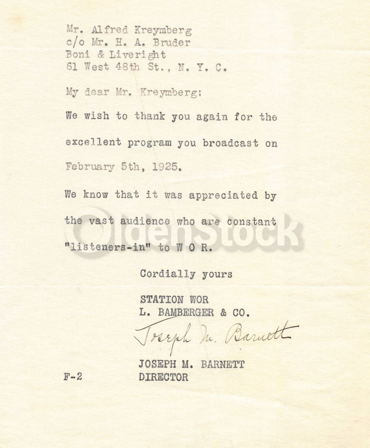 Joseph Barnett WOR Radio Host and Singer Autograph Signed Letter 1925