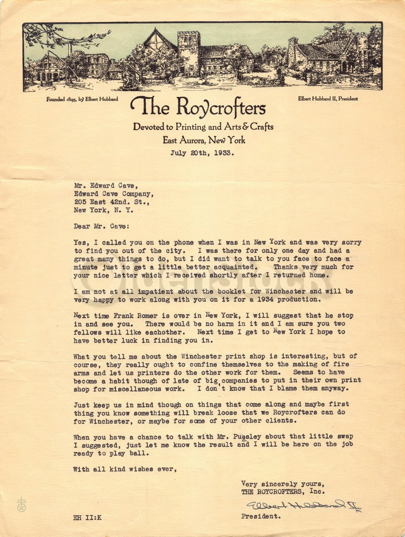 Elbert Hubbard Jr Book Publisher Autograph Signed Roycrofters Letter 1933