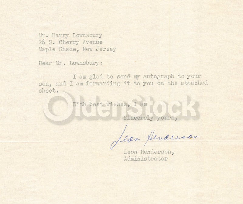 Leon Henderson WWII Pricing Czar under Roosevelt Autograph Signed Letter 1942
