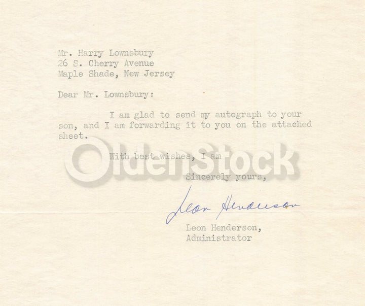 Leon Henderson WWII Pricing Czar under Roosevelt Autograph Signed Letter 1942
