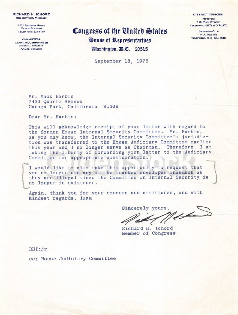 Richard Ichord Missouri Congress Autograph Signed Mail Fraud Letter 1975